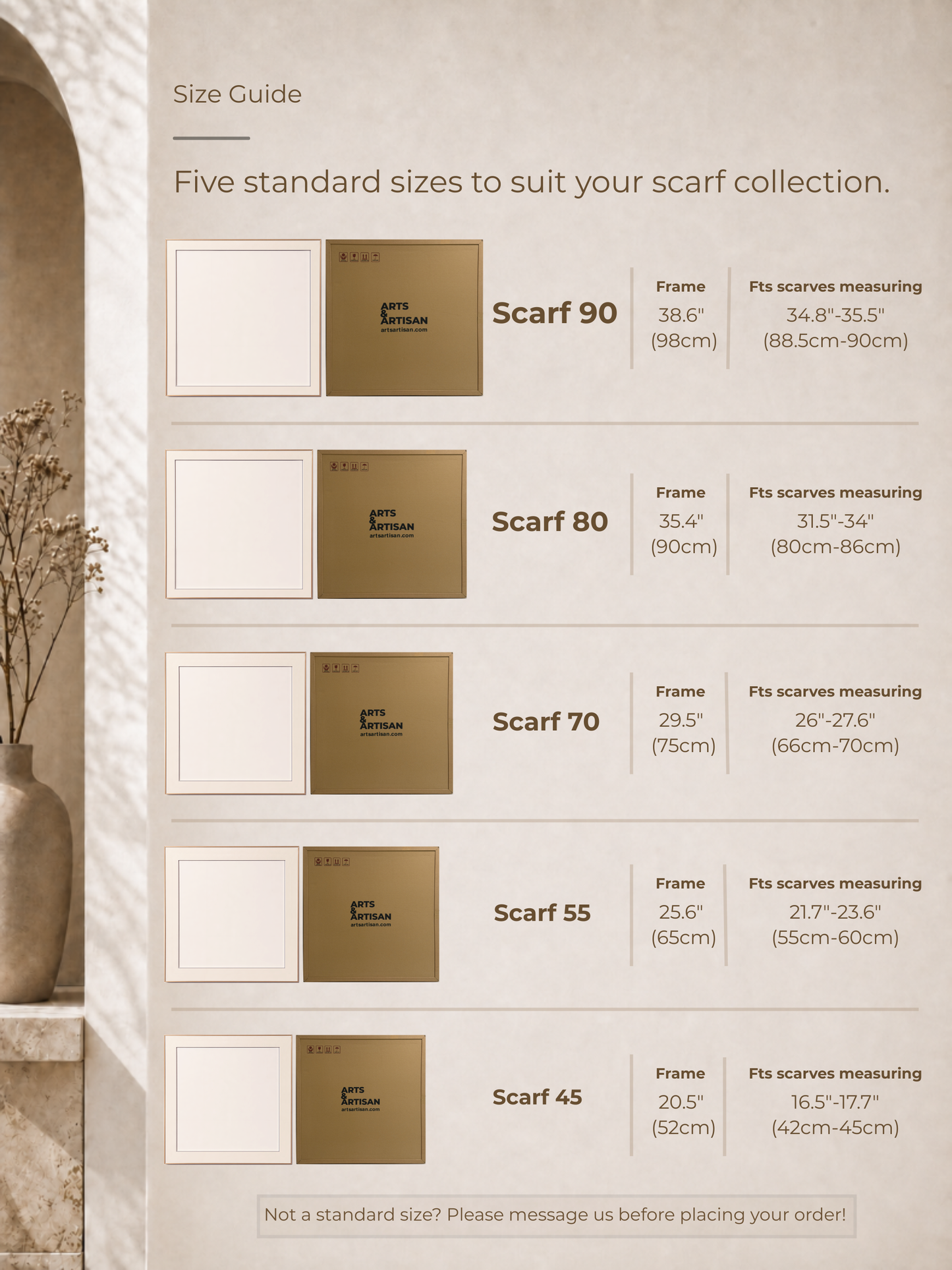 A size guide chart showing five scarf frame sizes labeled Scarf 90, Scarf 80, Scarf 70, Scarf 55, and Scarf 45, with measurements for frames and fitted scarf sizes. The chart includes a small product thumbnail for each scarf size on a beige background with decorative border elements.