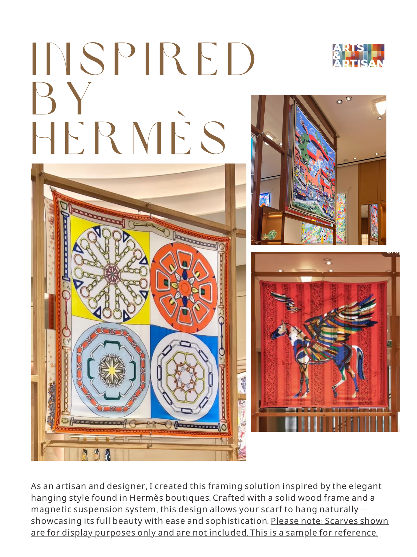 Hermès Scarf Frame – Hanging Display System | Hermès Inspired Wall Art | Vintage Scarf Decor | Frameless Silk Scarf Frame