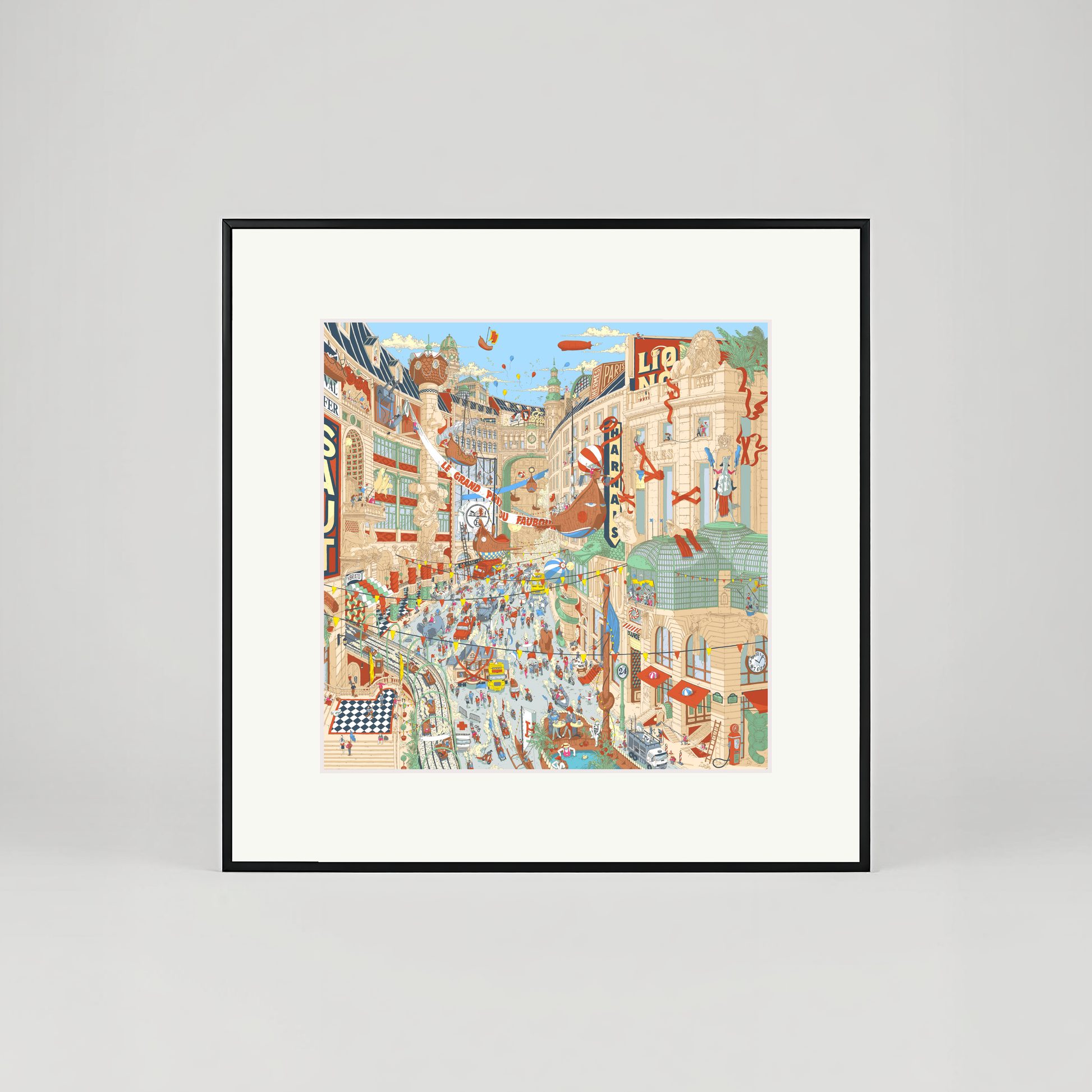 Framed artwork of a colorful city street scene on a white wall