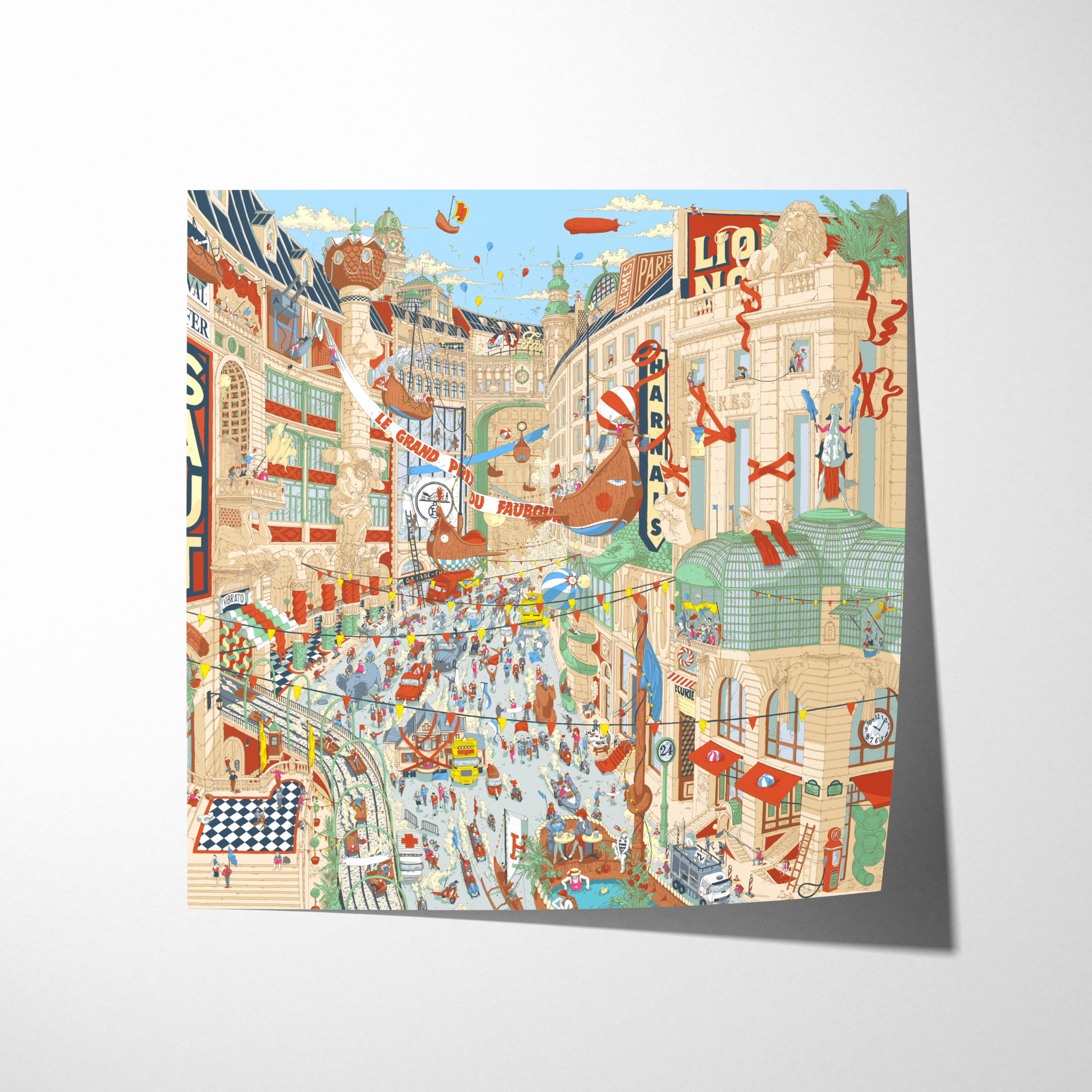 Colorful illustration of a busy city street with various elements and people on a white background