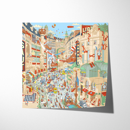 Colorful illustration of a busy city street with various elements and people on a white background