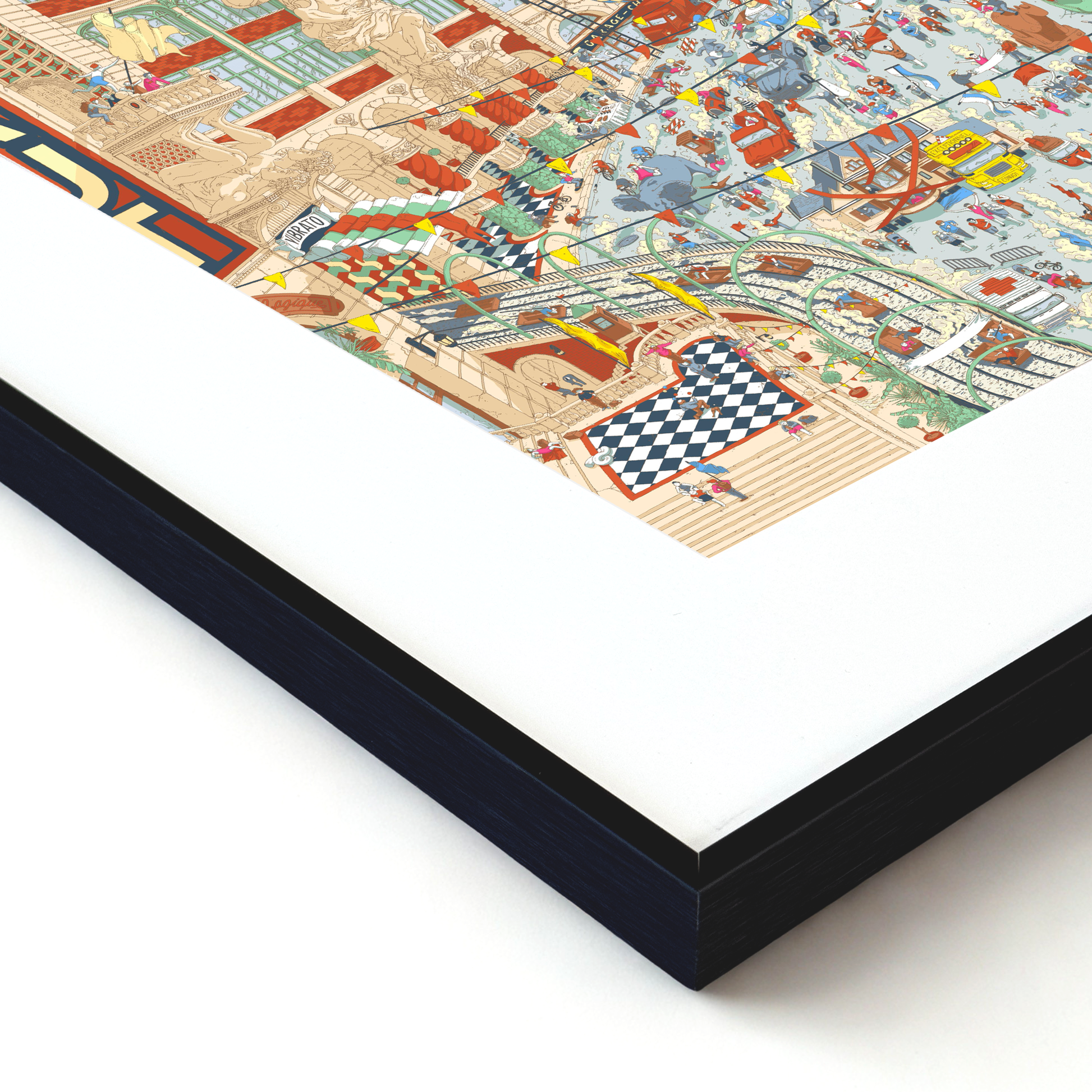 Framed colorful map of a city with various landmarks and roads.