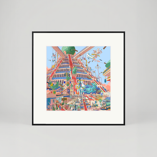 Framed artwork of a colorful cityscape with buildings and structures on a gray background