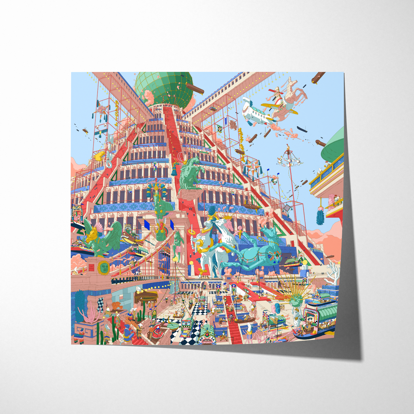 Colorful illustration of a carnival scene with rides and people on a white background