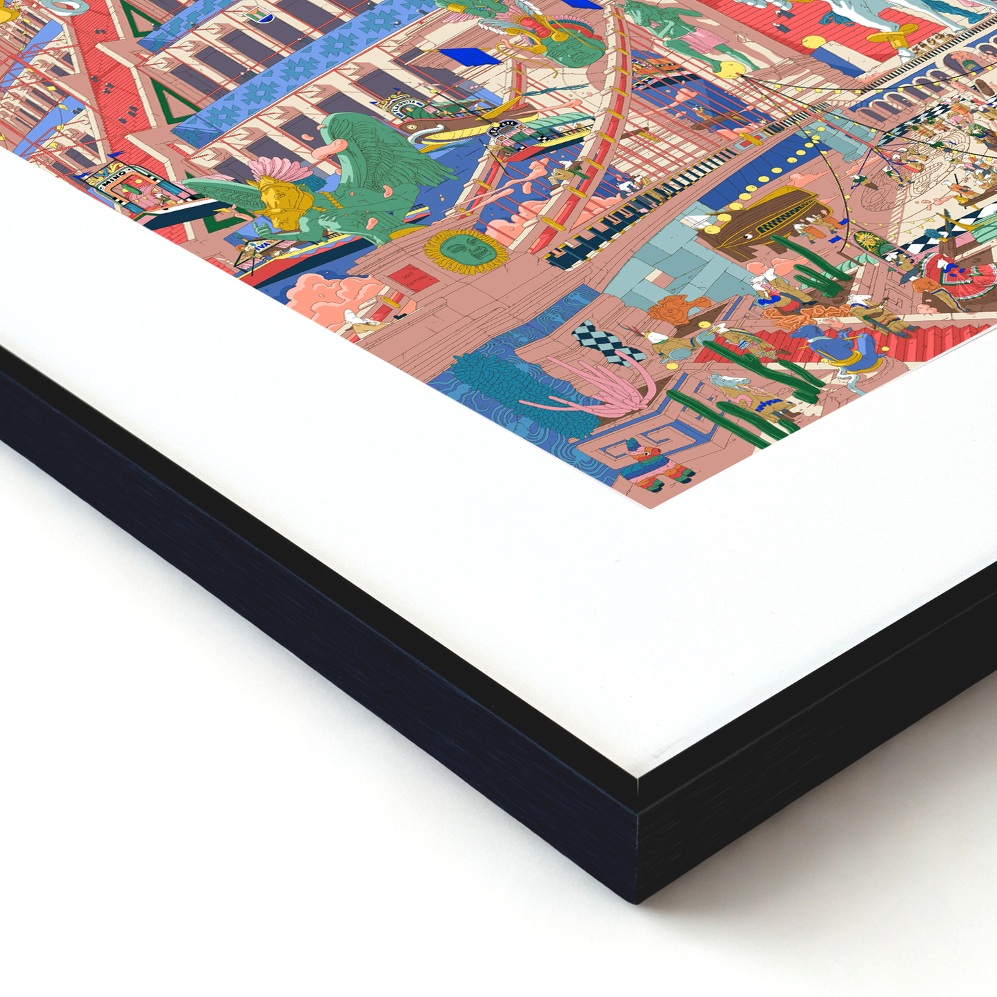 Colorful cityscape illustration with detailed urban elements on a white background