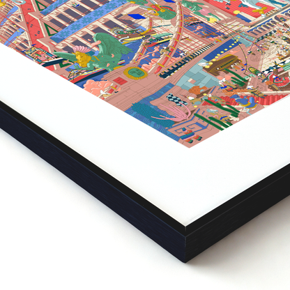 Colorful cityscape illustration with detailed urban elements on a white background