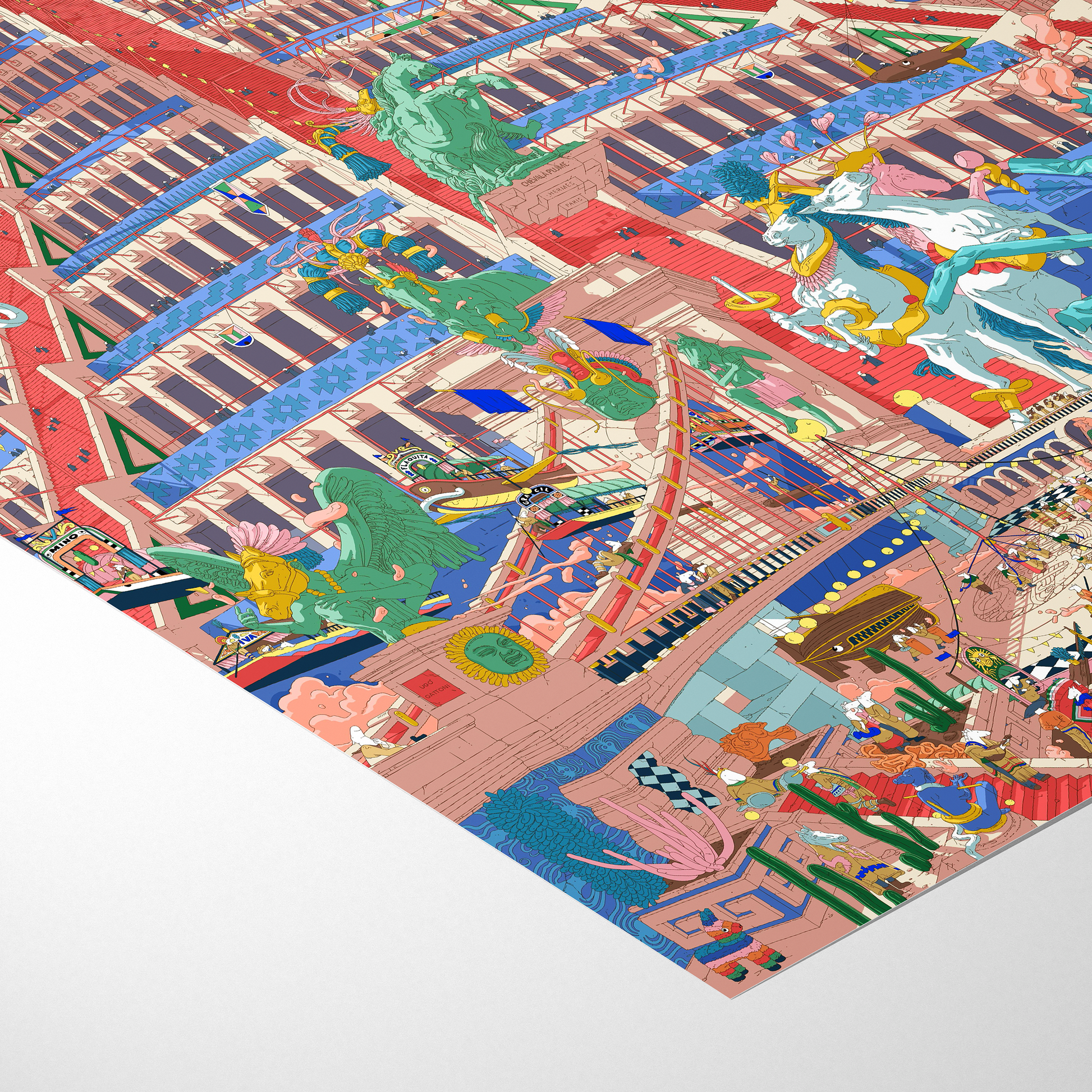 Colorful children's play mat with various illustrations on a white background