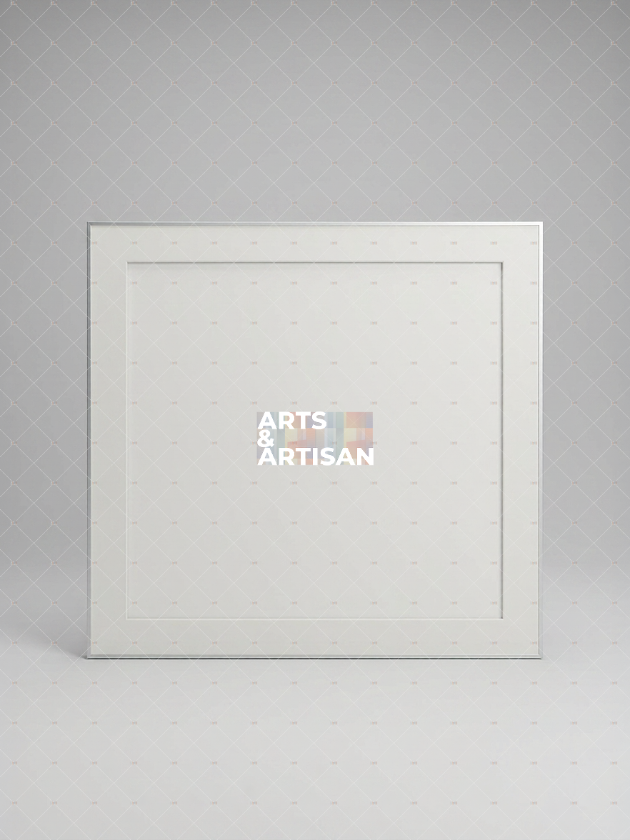 White scarf frame, Hermes scarf frame with 'Arts & Artisan' logo on a gray background