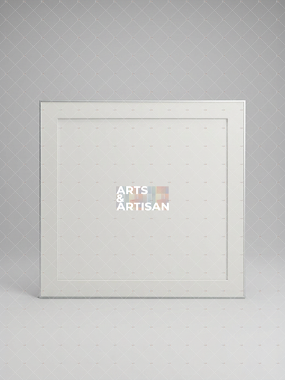 White scarf frame, Hermes scarf frame with 'Arts & Artisan' logo on a gray background