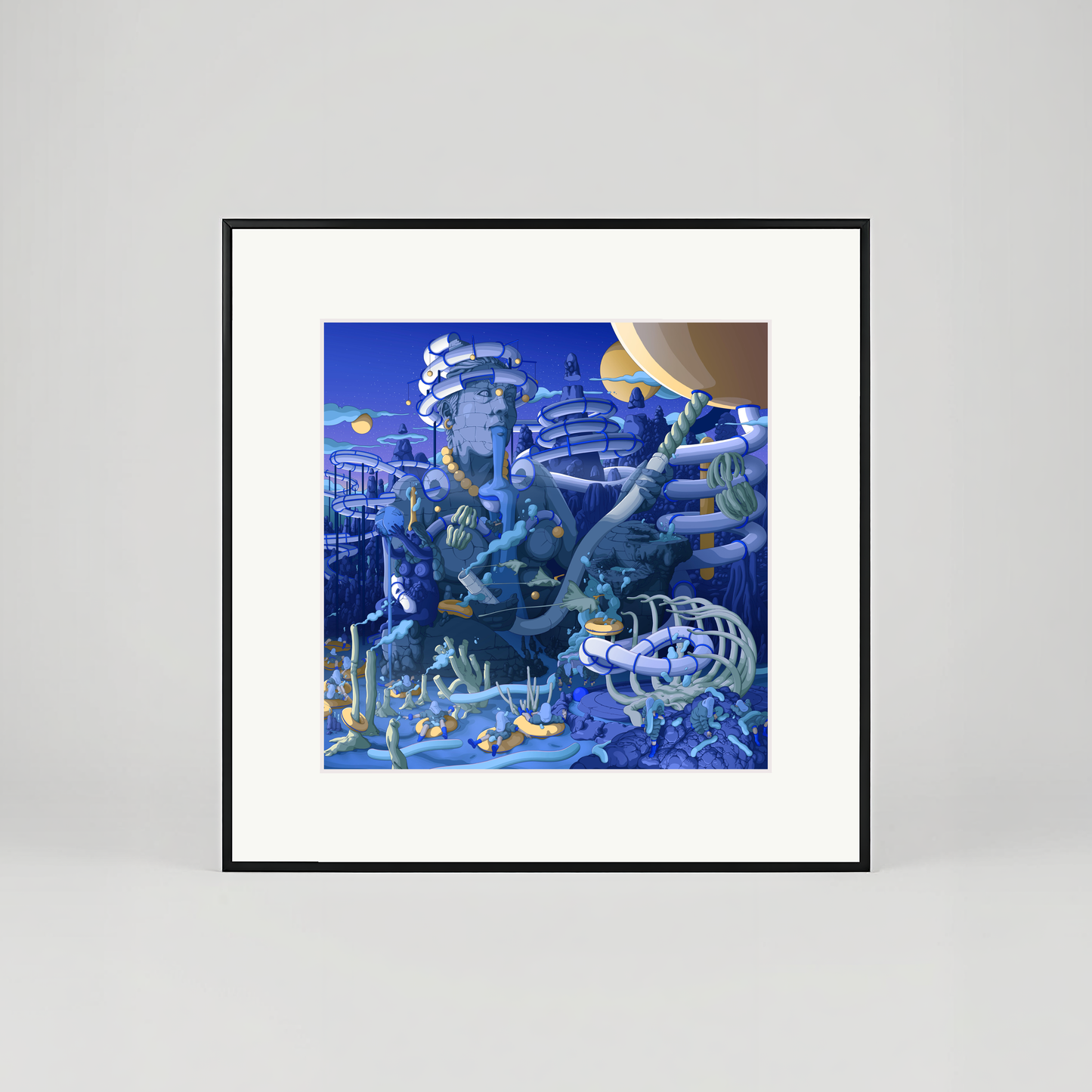 Framed artwork of an underwater scene with futuristic architecture on a white wall.