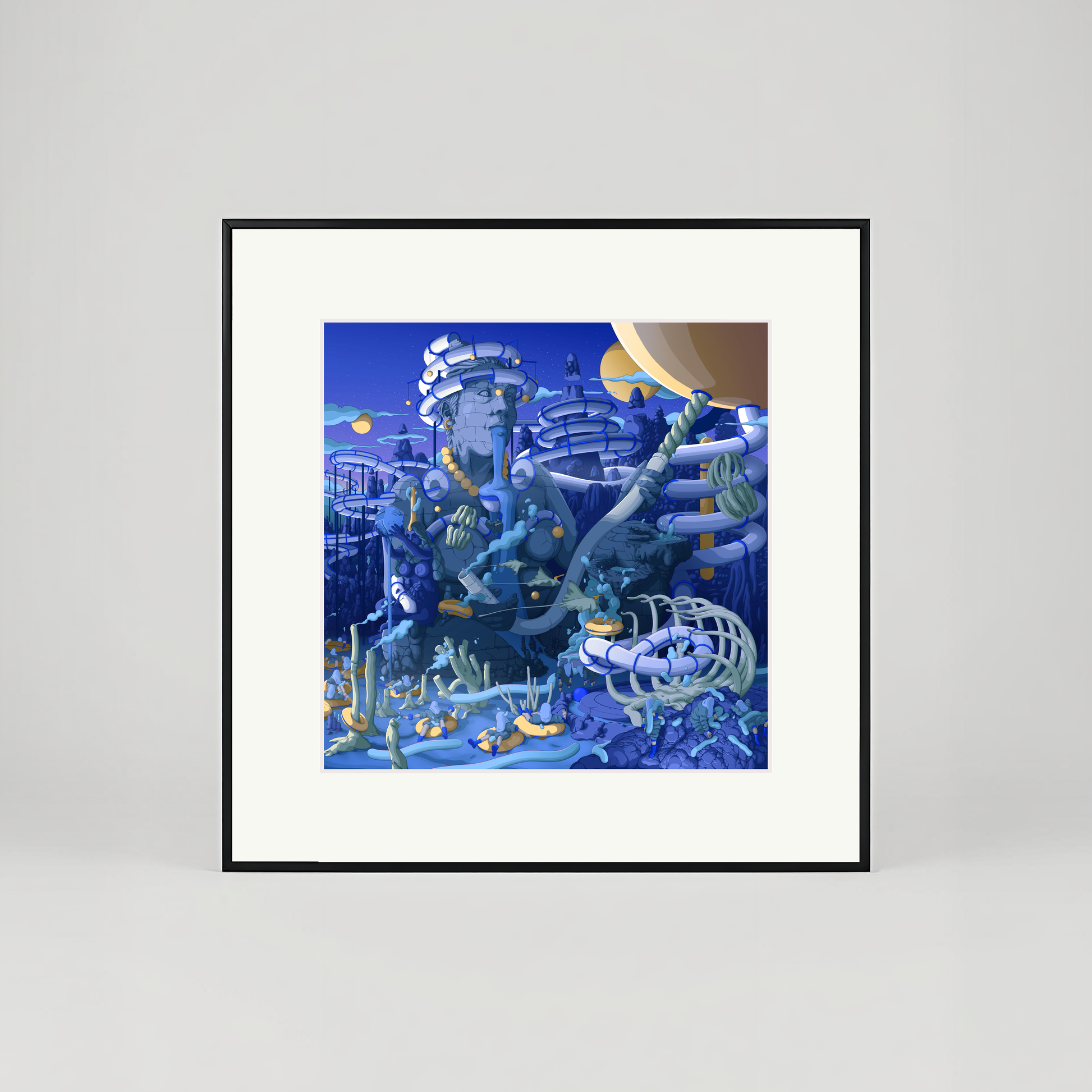 Framed artwork of an underwater scene with futuristic architecture on a white wall.