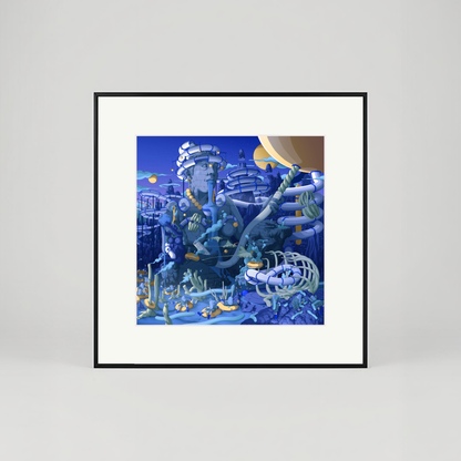 Framed artwork of an underwater scene with futuristic architecture on a white wall.
