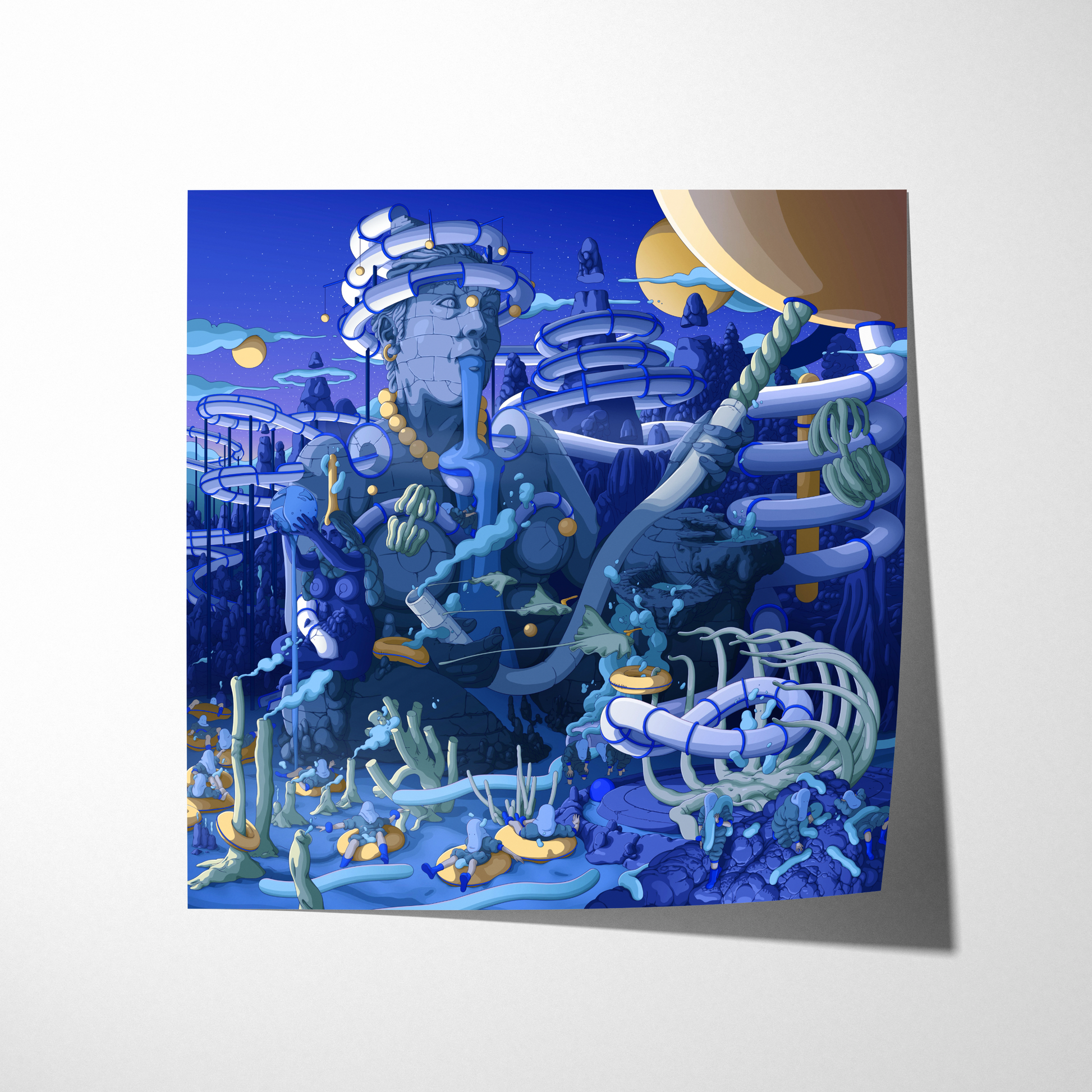 Colorful underwater scene with a character and various sea creatures on a white background