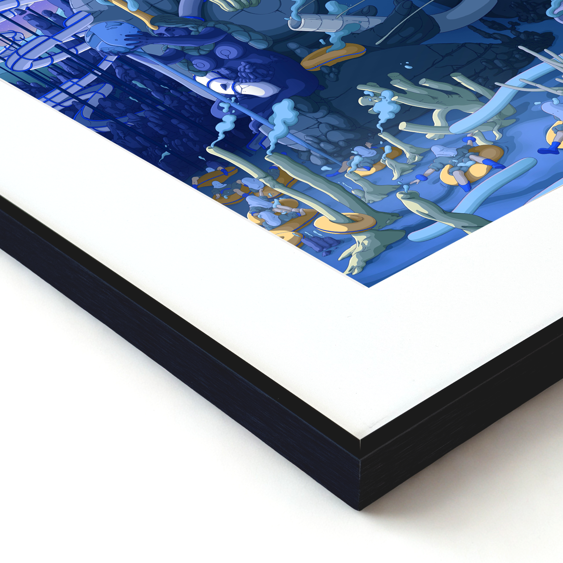 Framed artwork of an underwater scene with corals and fish.