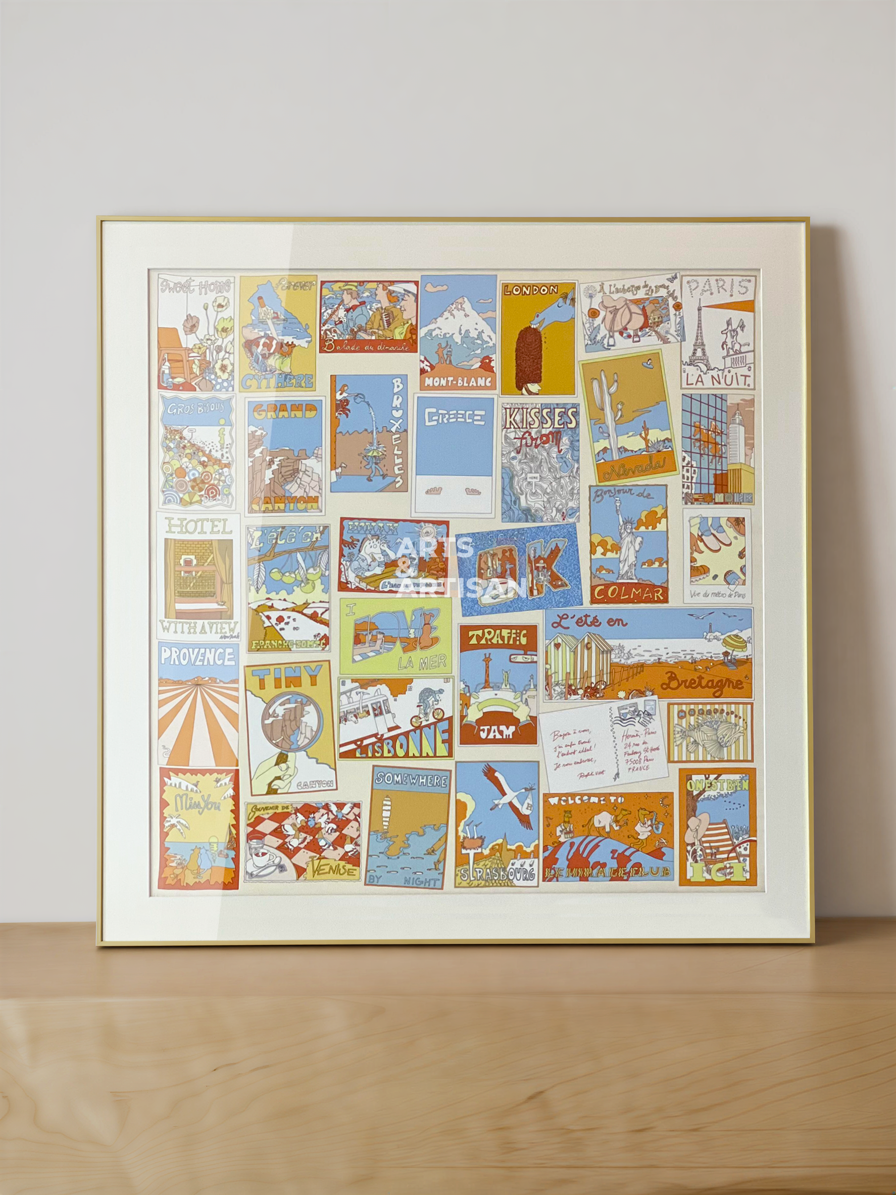 Arts & Artisan gold hermes scarf frame showcasing a colorful vintage Hermes 90 scarf.