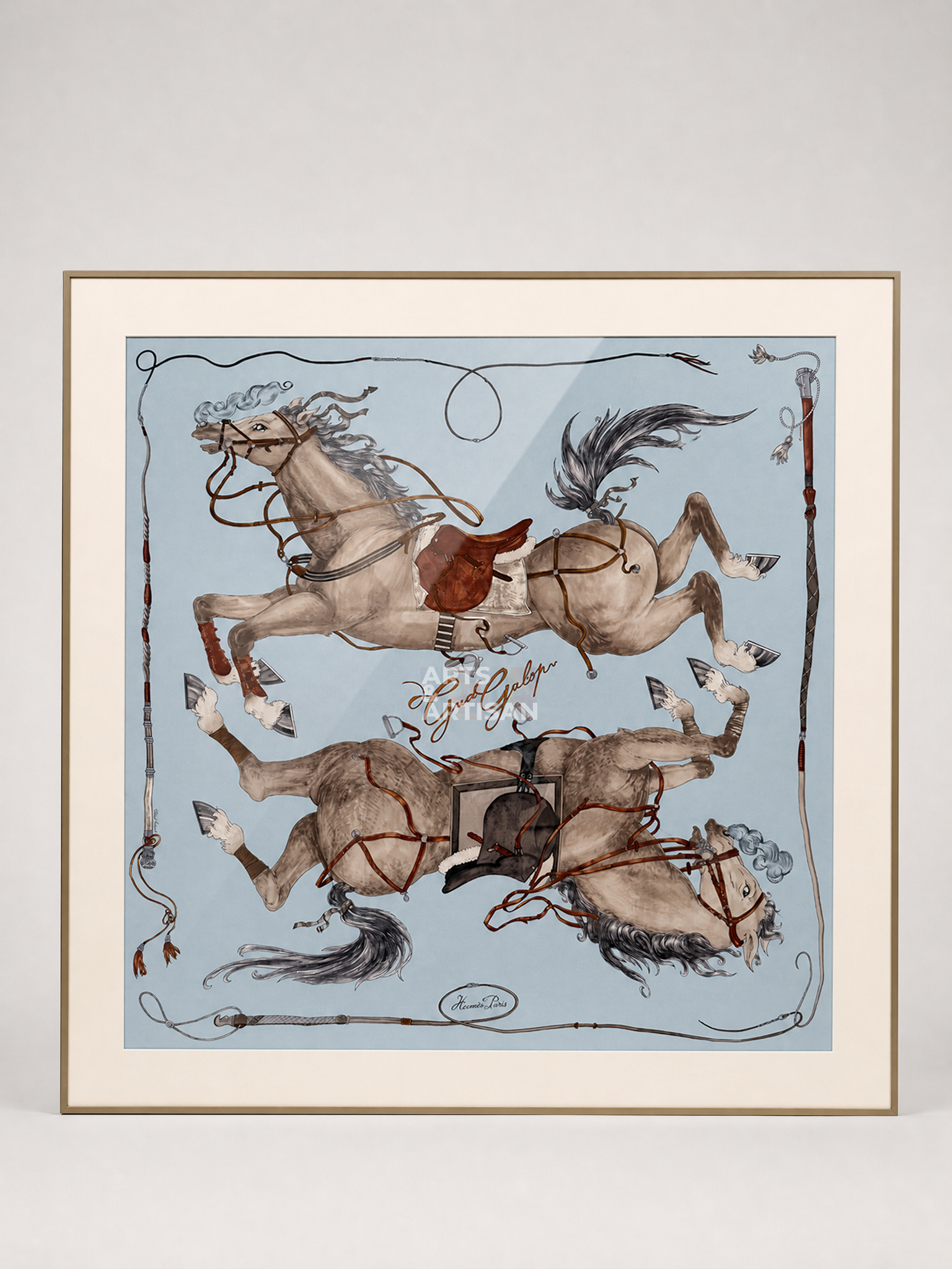 Framed hermes scarf 90 artwork of a horse with a blue background and a bronze frame