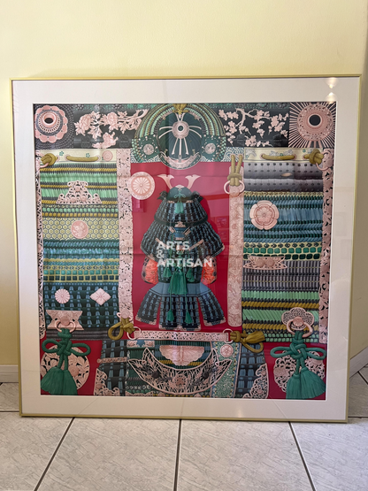 Framed Hermes scarf 90 artwork with intricate designs and the Arts & Artisan logo on a neutral background