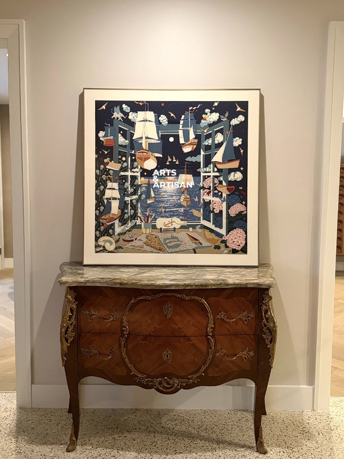 Decorative Hermes scarf 90 frame on a wooden console table against a wall. Arts & Artisan