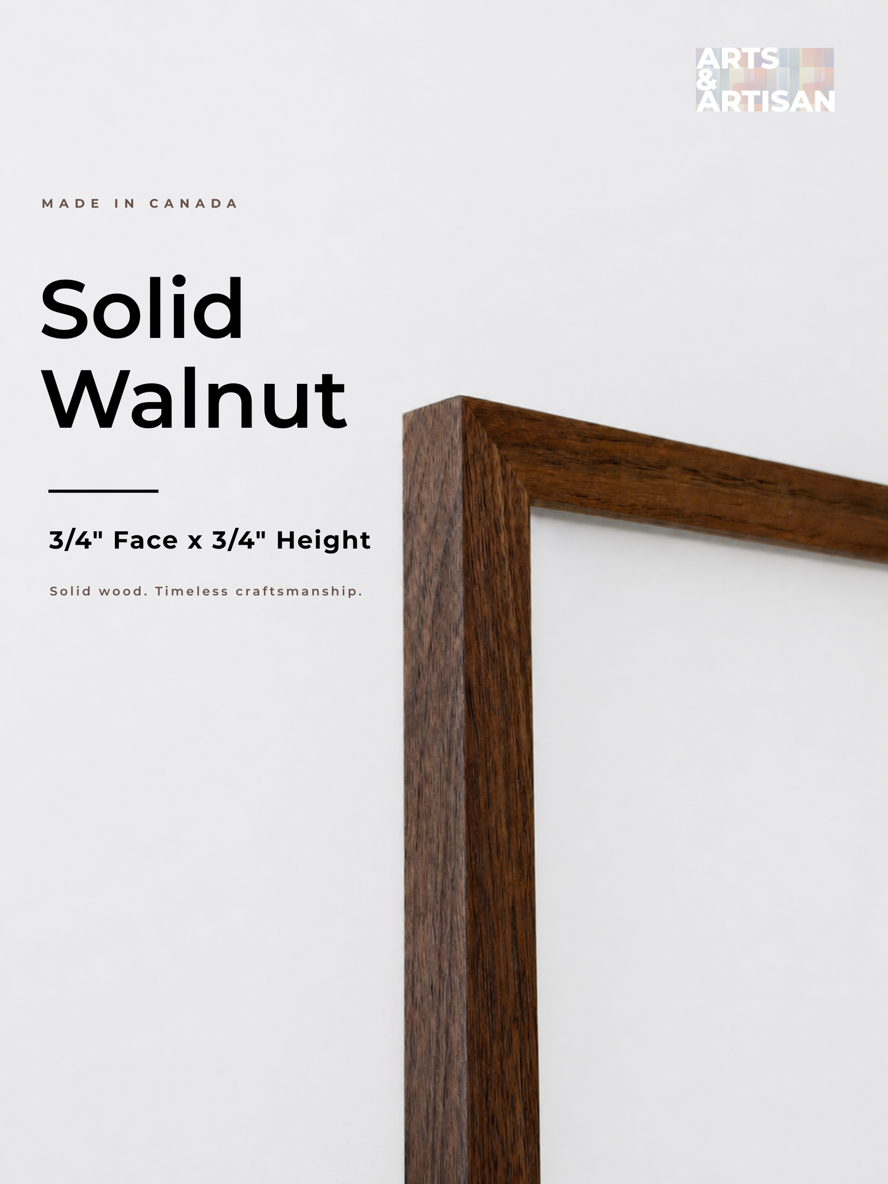 A close-up of a solid walnut wood picture frame corner on a white background with text reading 'Solid Walnut', '3/4" Face x 3/4" Height', and 'Solid wood. Timeless craftsmanship.