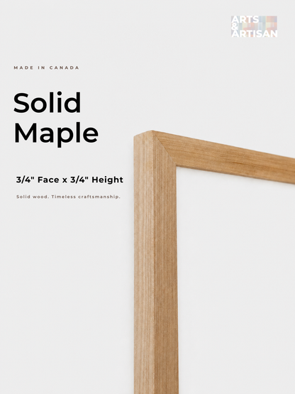 A light natural maple wood picture frame corner shown on a clean white background with text reading 'Solid Maple' and '3/4" Face x 3/4" Height.'.