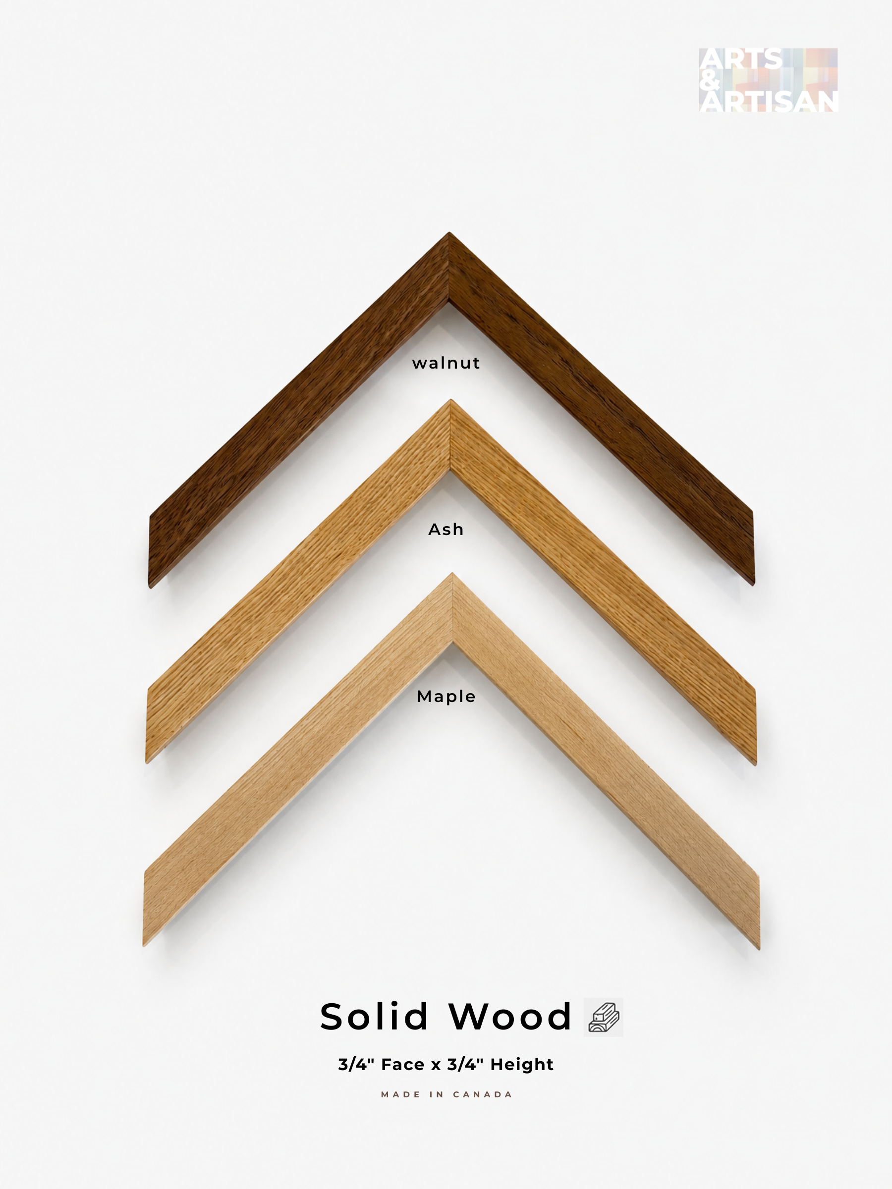 Three angled solid wood frame samples labeled walnut, ash, and maple on a light gray background, with text reading 'Solid Wood' and '3/4" Face x 3/4" Height'.