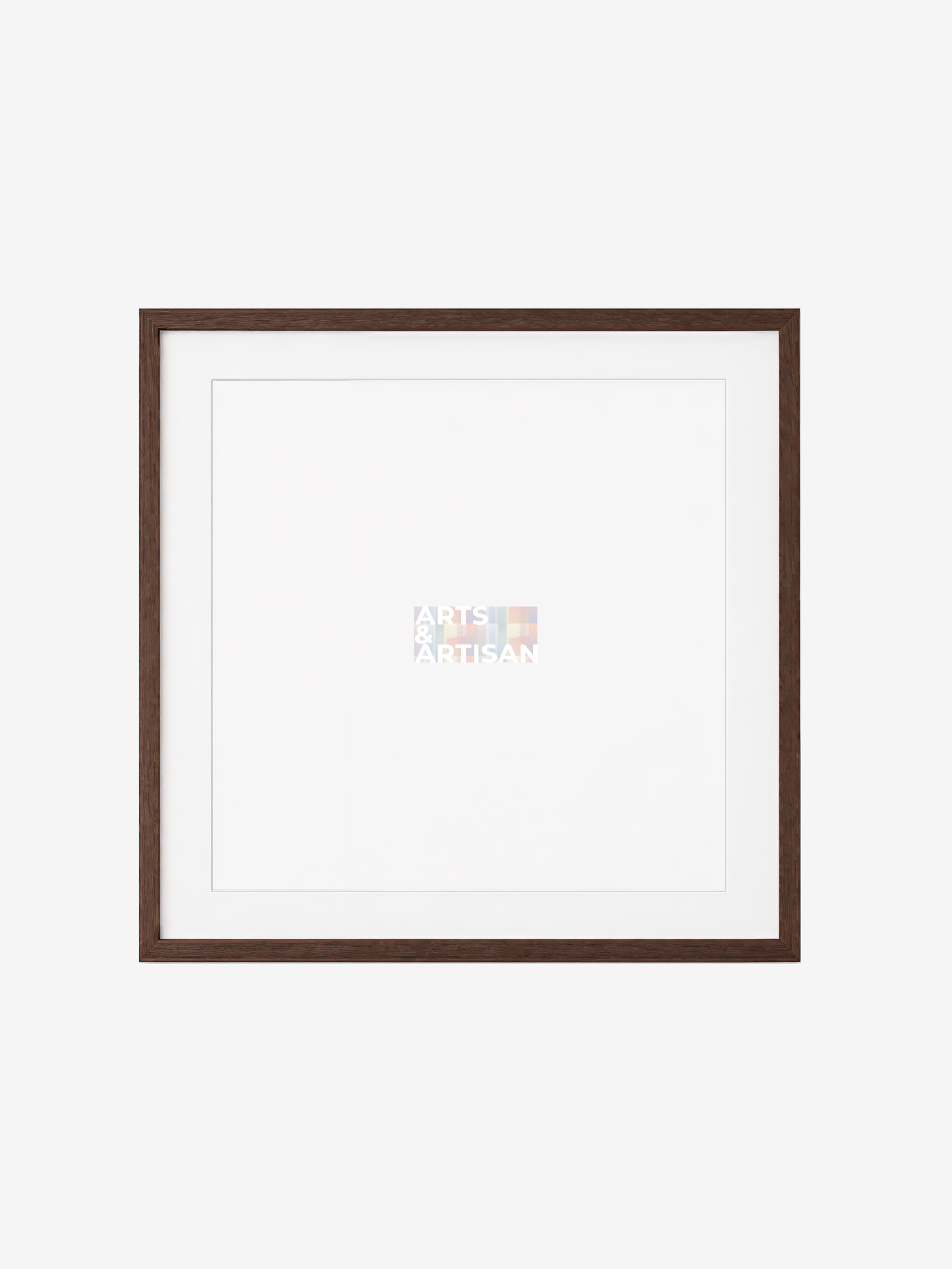 A square picture frame with a dark brown wood finish and a white mat, shown empty against a light gray background.