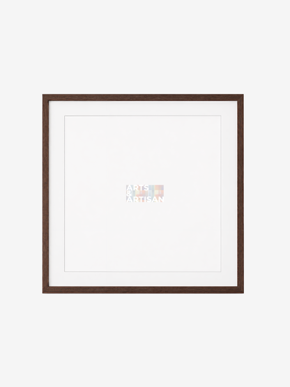 A square picture frame with a dark brown wood finish and a white mat, shown empty against a light gray background.