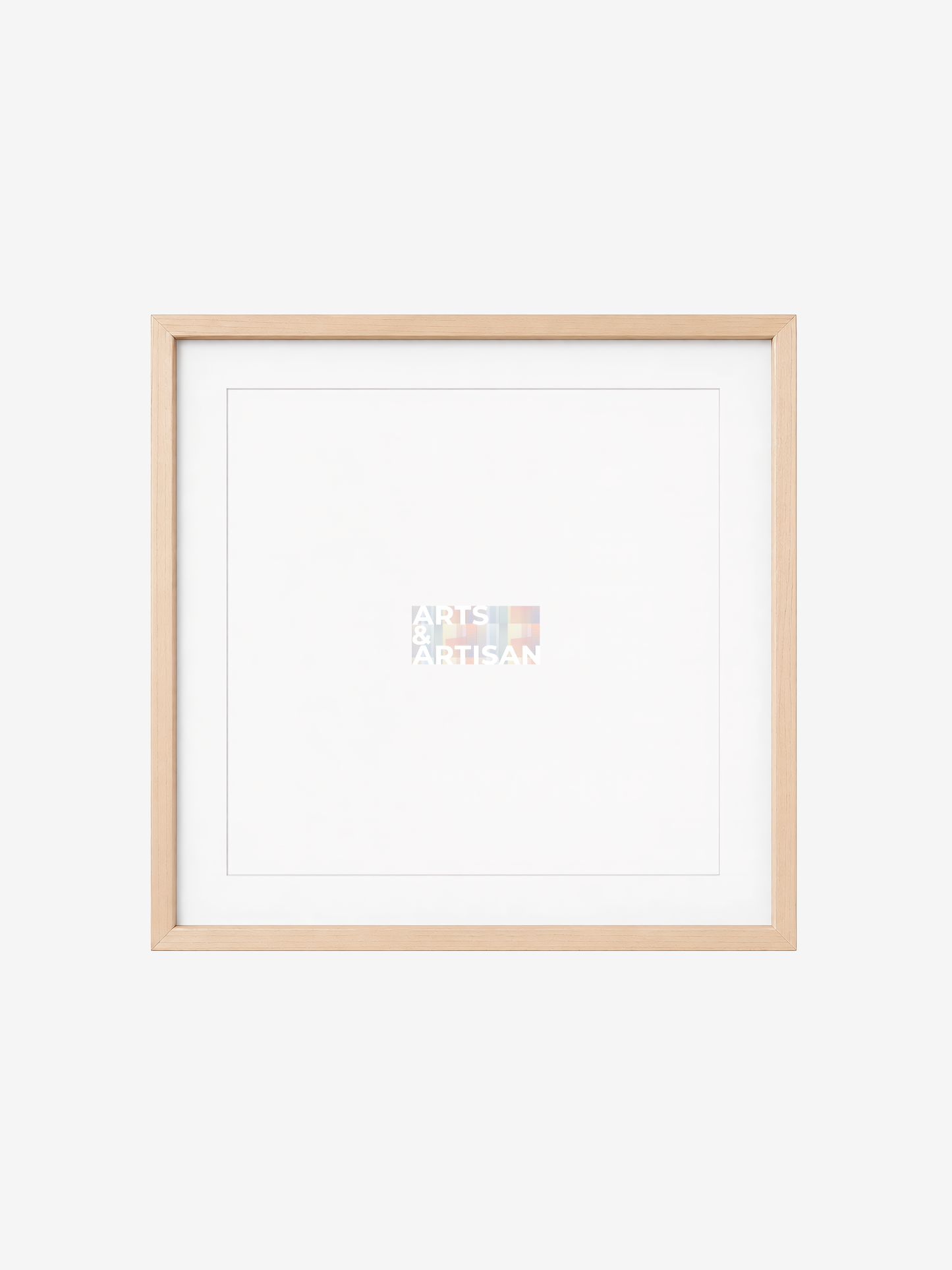 A square light wood picture frame with a wide white mat, shown empty against a very light gray background. A faint small logo appears near the center of the mat.