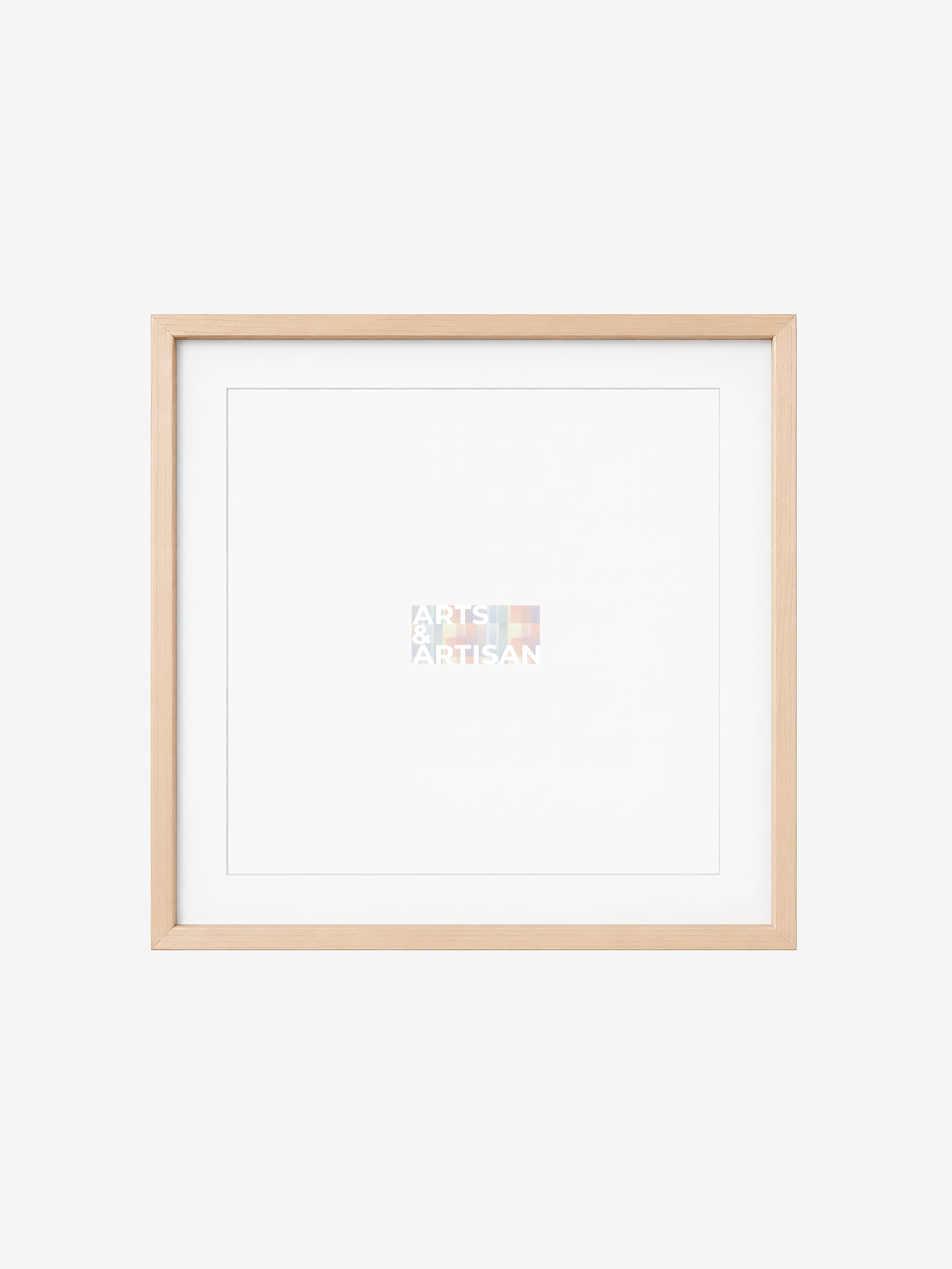 A square light wood picture frame with a wide white mat, shown empty against a very light gray background. A faint small logo appears near the center of the mat.