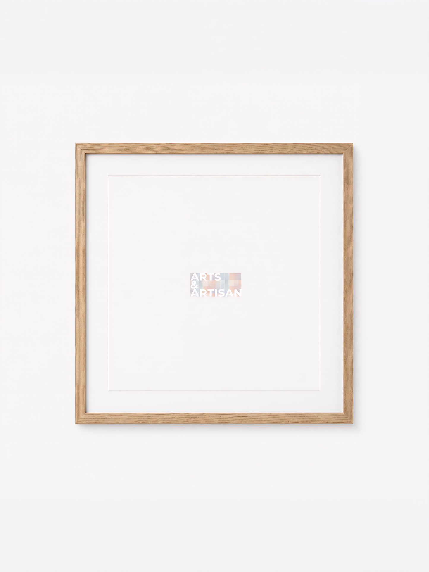 A square framed art print with a light natural wood frame and white mat, featuring a small central graphic with the text 'ONE MOTION' and a small American flag motif.