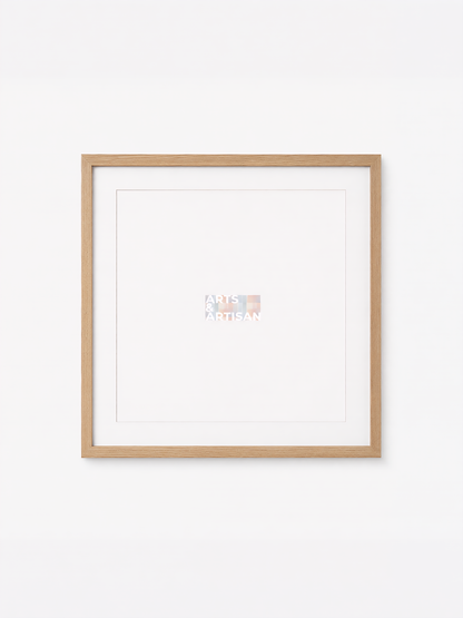 A square framed art print with a light natural wood frame and white mat, featuring a small central graphic with the text 'ONE MOTION' and a small American flag motif.