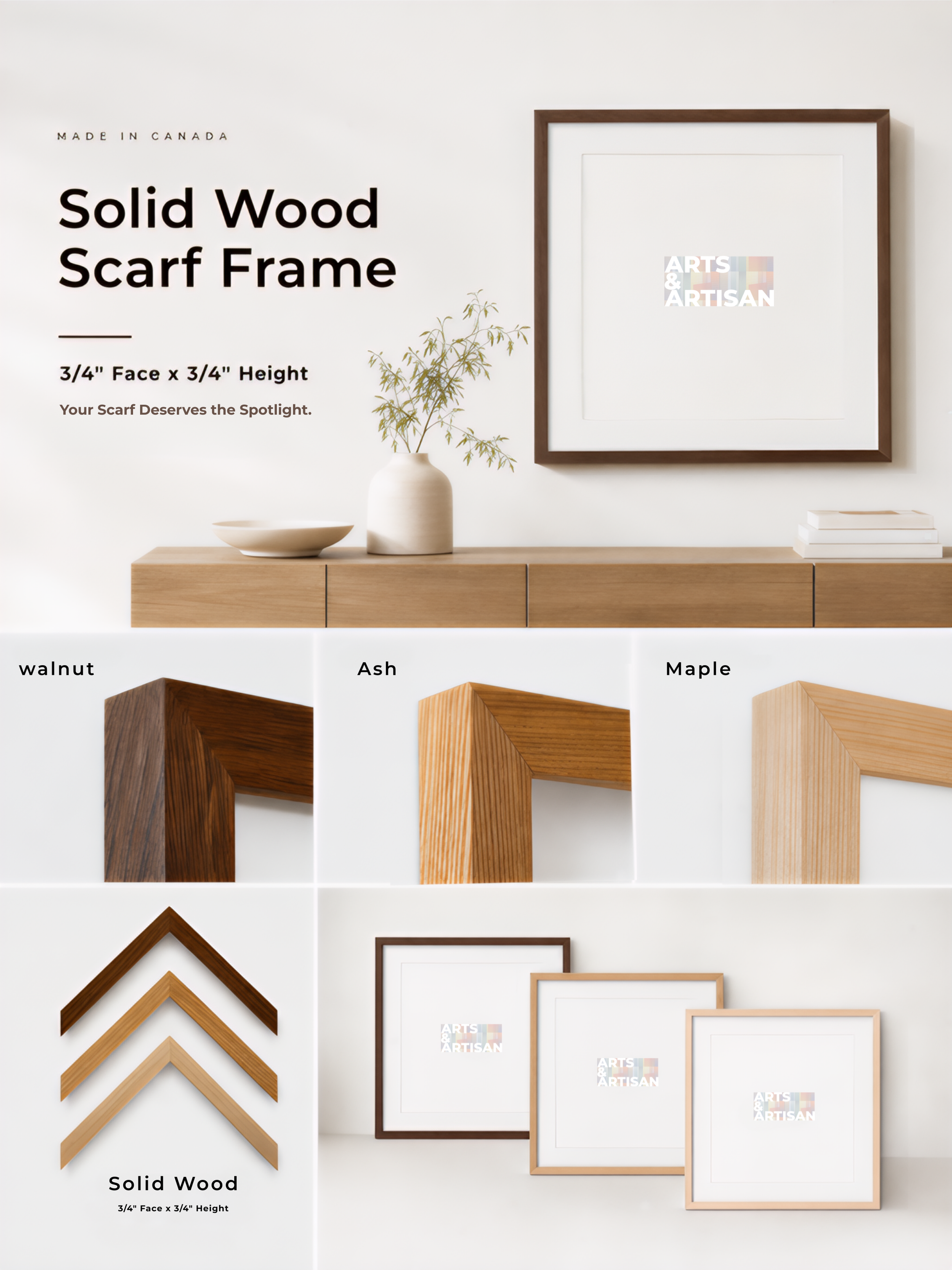 Solid wood scarf frame set shown in a styled interior mockup and detail collage. The top section shows a framed print hanging above a wooden console, with text reading 'Solid Wood Scarf Frame' and '3/4" Face x 3/4" Height.