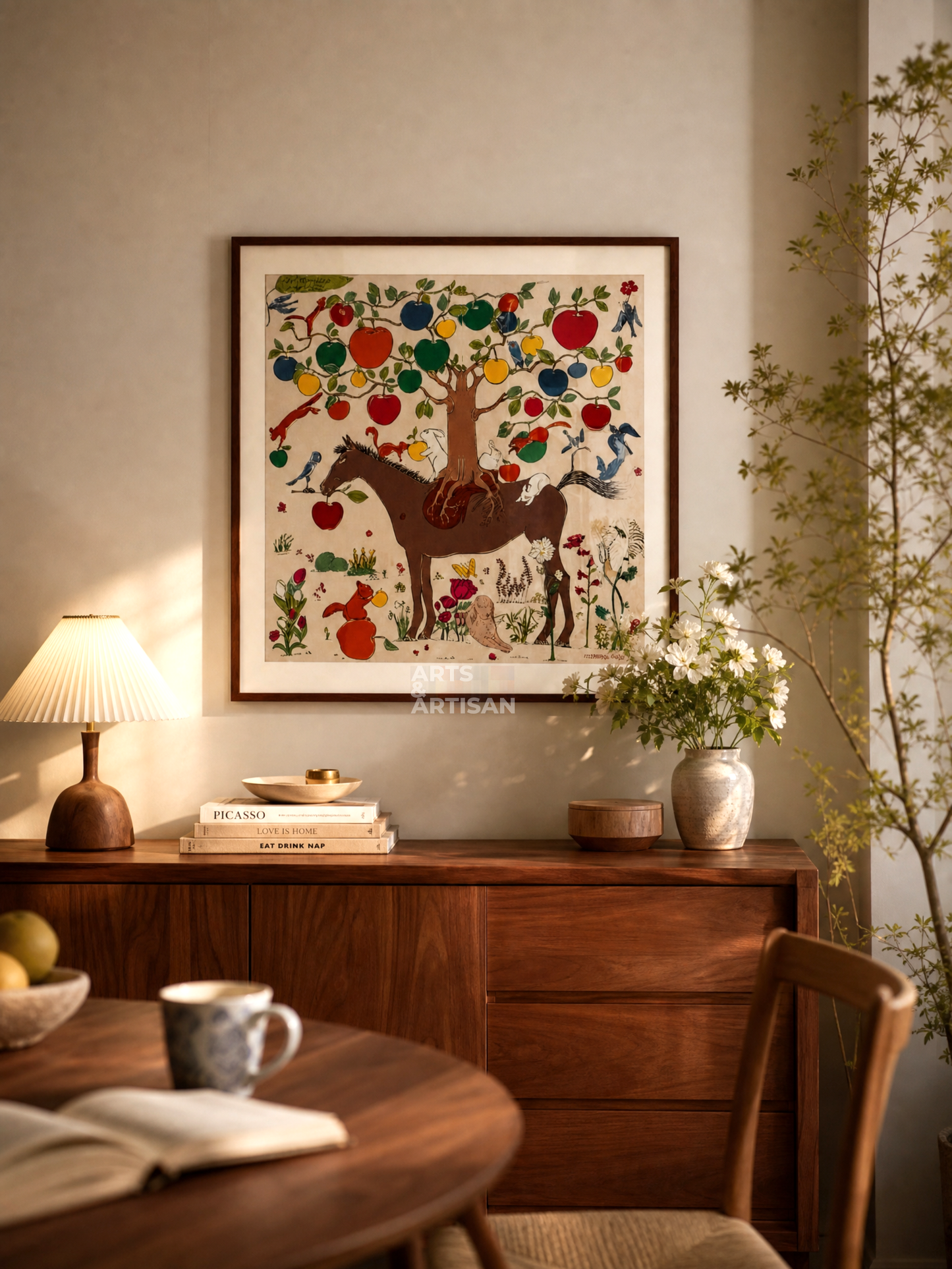 A wood-framed Hermes scarf with a warm beige, brown, and cream palette hangs on a light gray wall above a modern light gray sectional sofa in a styled living room.