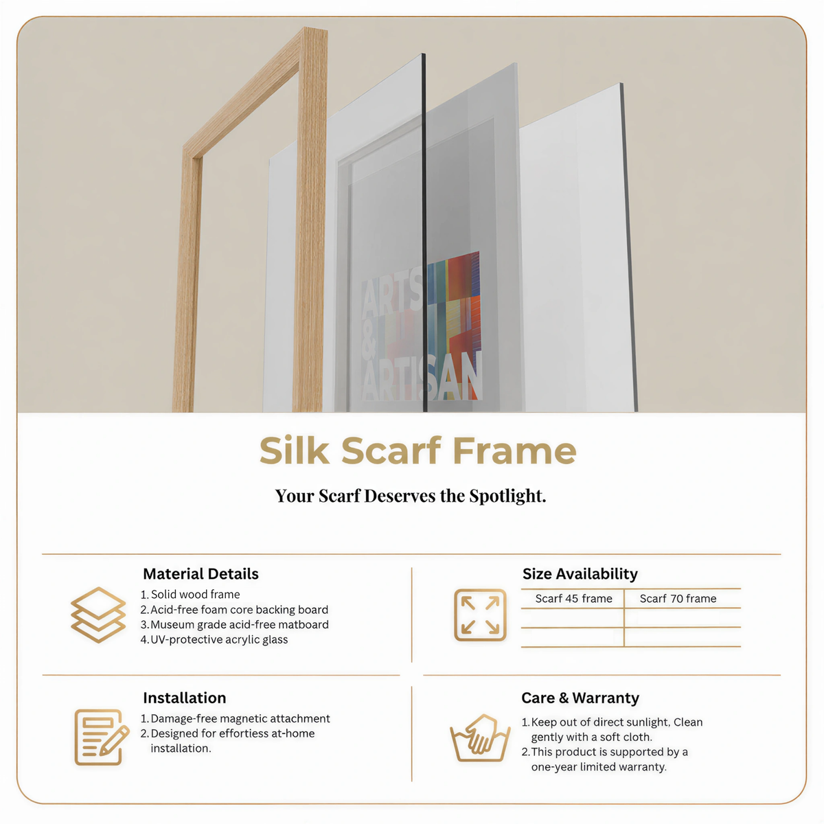 An informational product graphic for a Silk Scarf Frame. The top section shows a close-up of the frame in use with several silk scarves hanging inside, including one with a colorful abstract print.