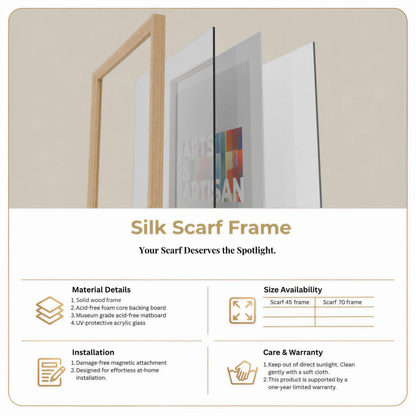 An informational product graphic for a Silk Scarf Frame. The top section shows a close-up of the frame in use with several silk scarves hanging inside, including one with a colorful abstract print.