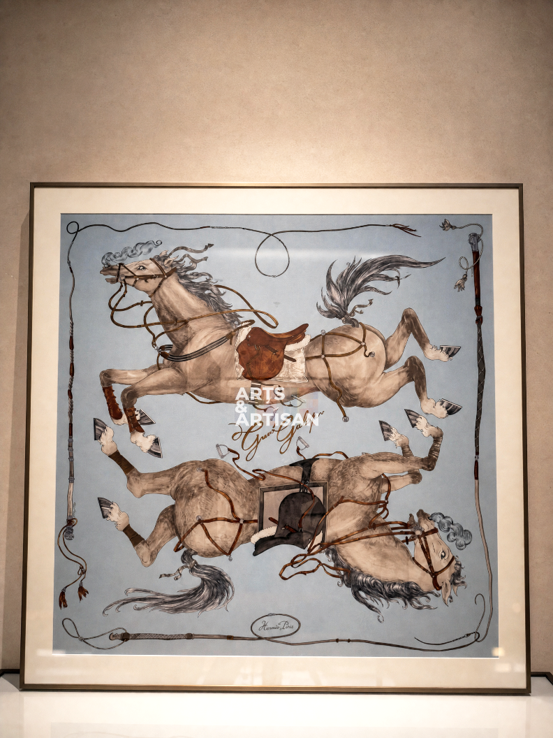 A framed Hermes scarf 90 featuring two rearing horses in a western-style illustration on a light blue background, with the text 'ART & RIDE' in the center and a white mat border.