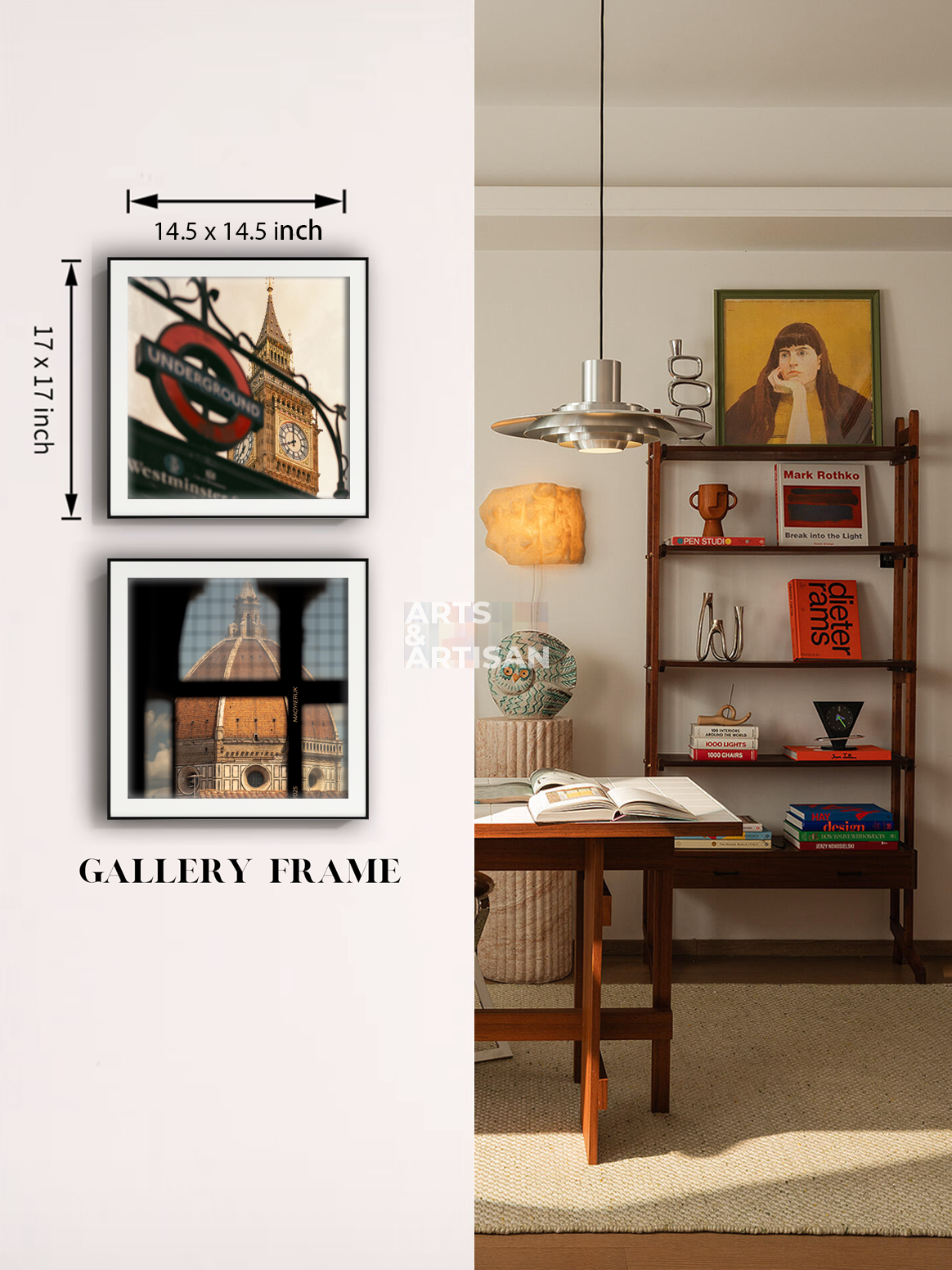 Two framed art prints displayed on a wall in a styled interior room. The left side shows the prints with dimension labels: one featuring Big Ben and a red Underground roundel, the other showing a domed architectural scene.