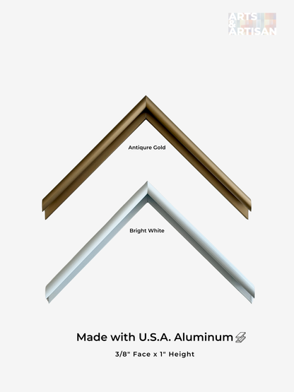 A product graphic showing two aluminum picture frame corner profiles on a light gray background: one labeled 'Antique Gold' in a warm metallic gold tone and one labeled 'Bright White' in a pale cool white tone. Text below reads 'Made with U.