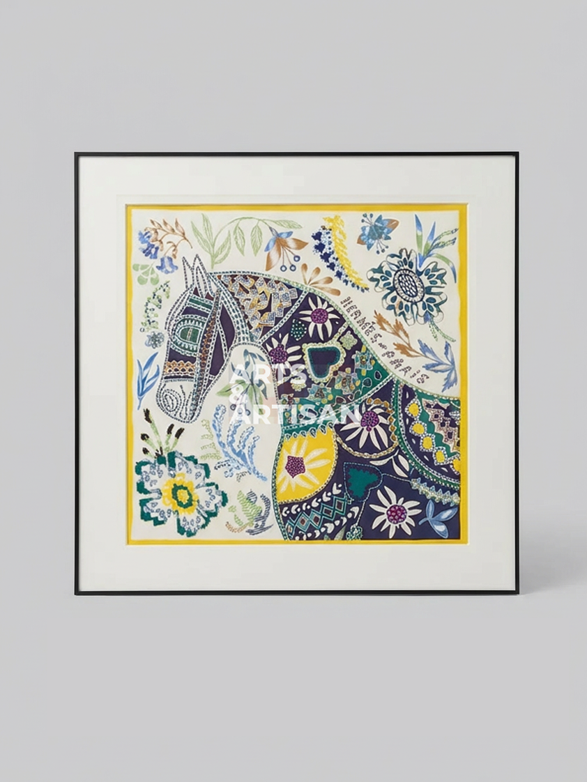 A framed art print featuring a highly detailed, colorful hand-drawn horse surrounded by floral patterns, set against a neutral gray background.