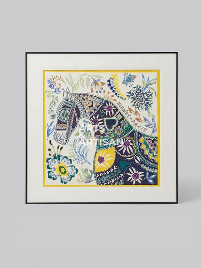 A framed art print featuring a highly detailed, colorful hand-drawn horse surrounded by floral patterns, set against a neutral gray background.