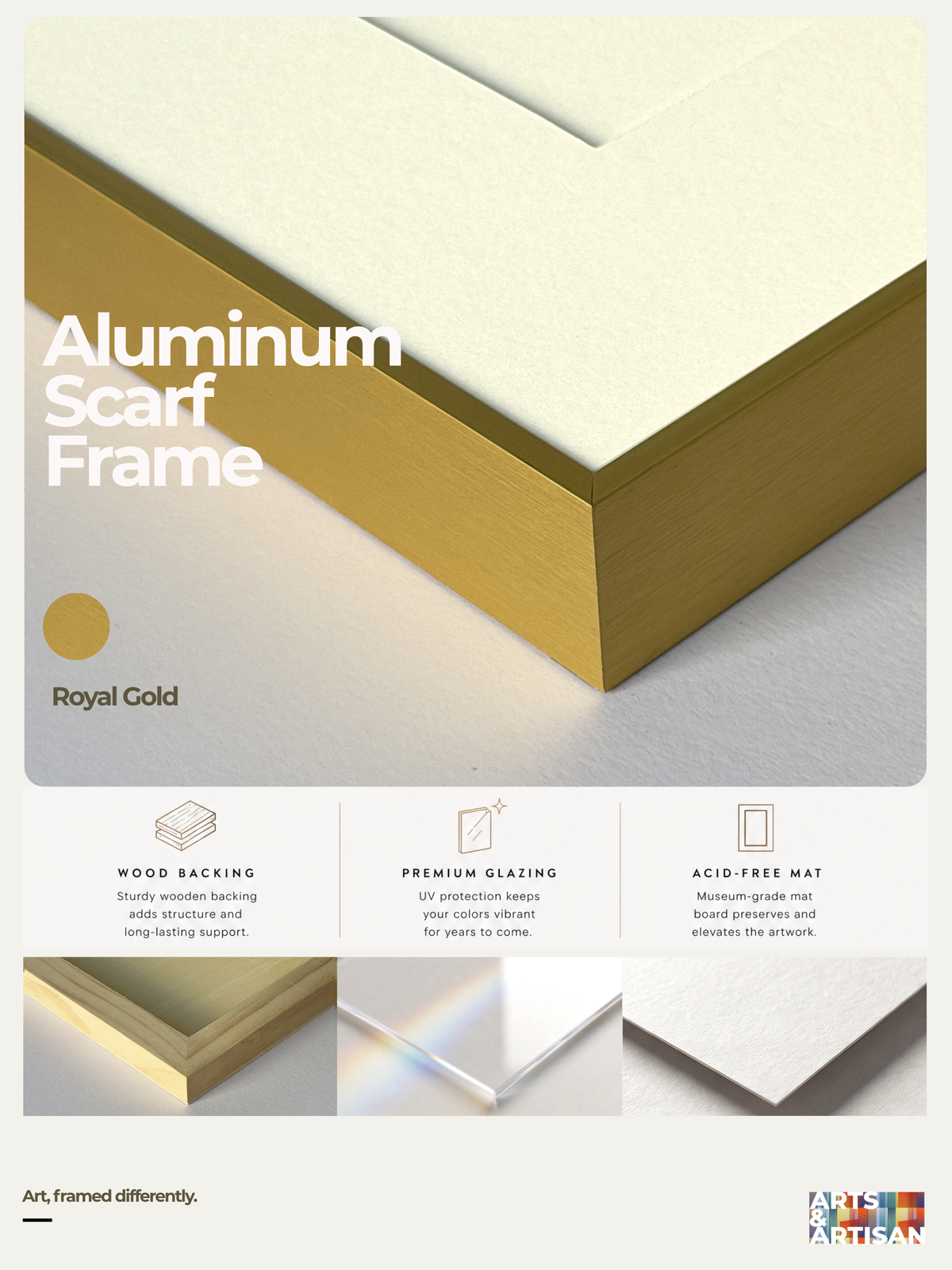 An informational product graphic for an aluminum scarf frame. The main panel shows a close-up of a gold-toned metal edge with cream-colored backing and the text 'Aluminum Scarf Frame' and 'Royal Gold.