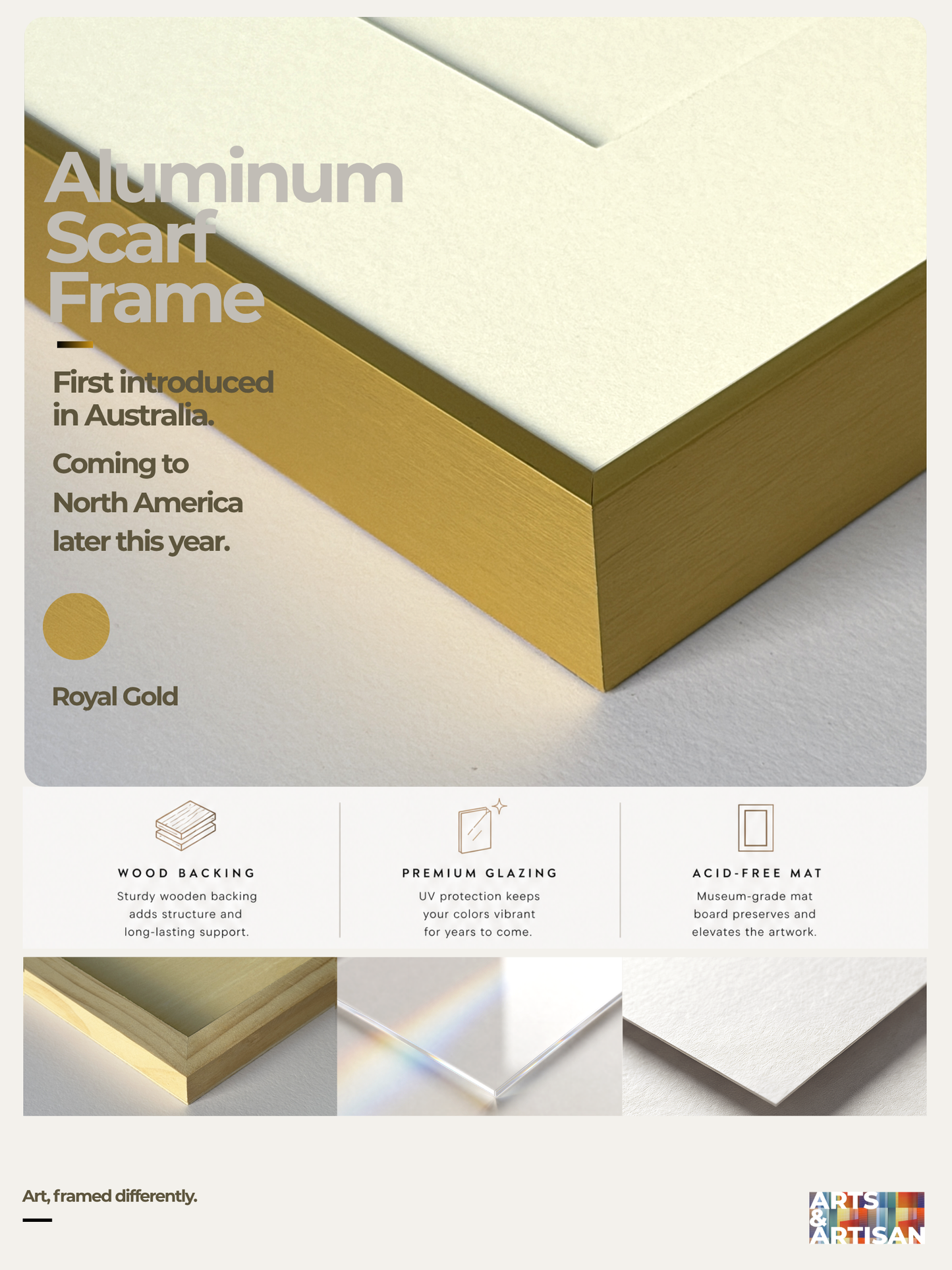 Promotional graphic for a Royal Gold aluminum scar frame, showing a 3D rendering of the gold-colored wood-look frame with cream-colored inner panels. The graphic includes descriptive text, feature icons, and smaller product detail images at the bottom.