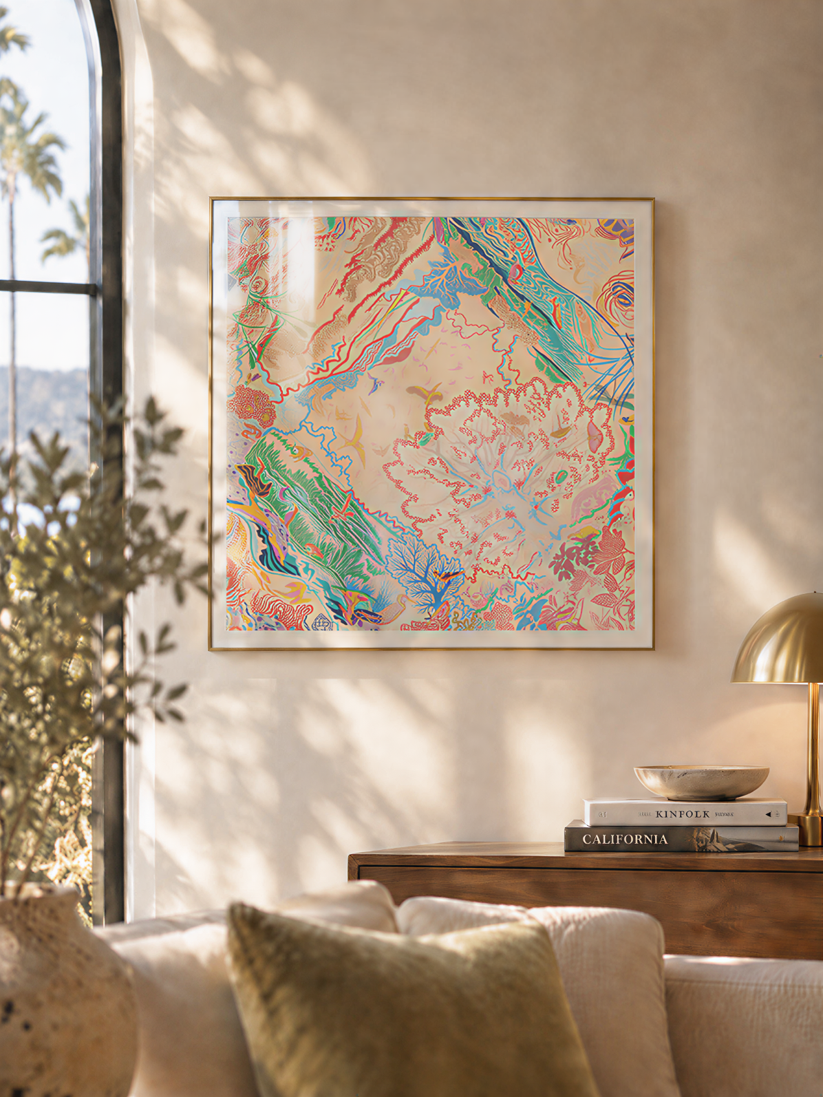 Copper Bronze Scarf 80 Hermès scarf frame by Arts & Artisan in a sunlit room